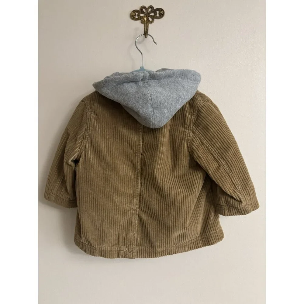 GAP Zip & Button Long Sleeve Brown Corduroy Hooded Jacket Toddler 12/18 Months